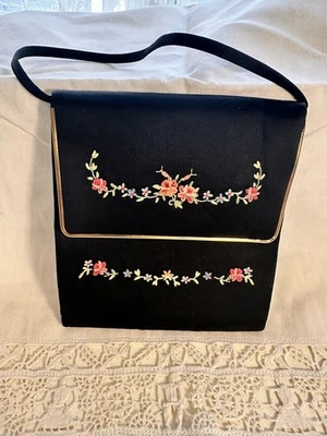 Bolso de Mano Vintage Negro Bordado Cartera Seda Flores Noche Informal Foto 1 de 4