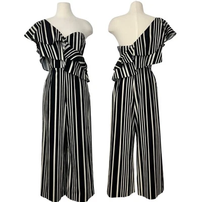 Alice + Olivia Sabeen Striped One-Shoulder Jumpsuit Ruffle Black/White 12 NWT - Image 1 of 4