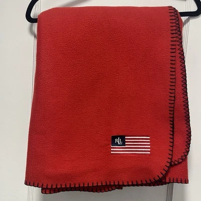Ralph Lauren LRL Red Fleece Throw Blanket Flag Patch EUC - Image 1 of 4