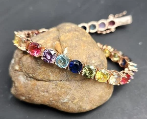Multi-Color Round Gemstone 30ct Tennis Bracelet Sterling 925 Rose Gold 7.5" - Picture 1 of 17