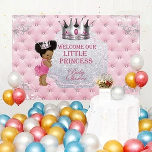 7x5ft Polyester Baby Shower Backdrop Welcome Our Little Princess Silver Crown... - Picture 1 of 6