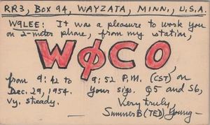 amateur ham radio QSL postcard W0CO Summer B Ted Young 1954 Wayzata Minnesota - Bild 1 von 1