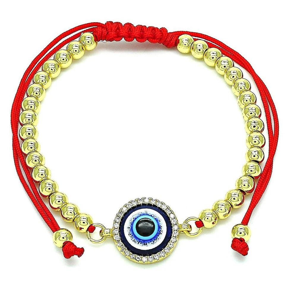 Brazalete Ajustable CUERDA ROJA Chapado en Oro 14K Circonita Azul Mal de Ojo Protección de la Suerte Foto 1 de 1