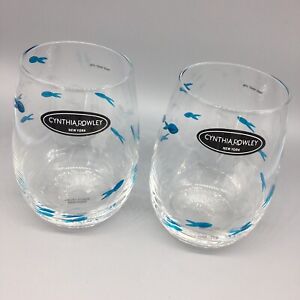 x2 Cynthia Rowley Etched Fish Stemless Wine Glass Set Blue Clear Ocean Nautical