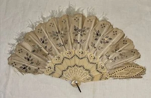 1860s Jenny Lind Ivory and Silk Hand Fan Trimmed with Feathers and Sequins MOP - Picture 1 of 12