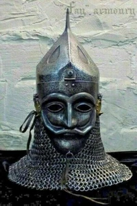 16GA Steel Medieval Norman Halfmasked Face Viking Helmet W Chainmail Viking Helm - Foto 1 di 5