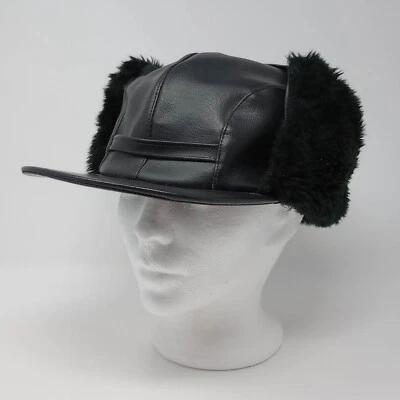 Vintage Korea PVC Faux Leather Fur Black Trapper Hatw/ Ear Flaps Size Medium M - Image 1 of 4