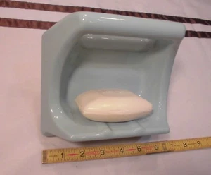 Vintage *Pastel Blue* Ceramic Soap Dish with Grab Bar,  New Old Stock 1960's - Picture 1 of 12