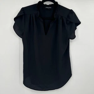 Hawthorn Black Ruffle Neck V-Neck Short Sleeve Blouse Women's Size M - Picture 1 of 8