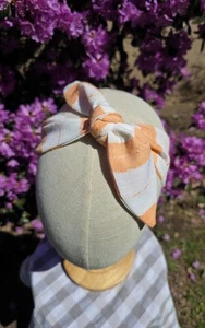 Linen Bow Headband Topknot, Orange Cream Stripe, Handmade, Elastic, One Size Fit - Picture 1 of 2