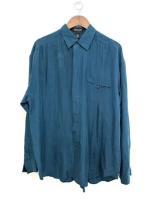 Vintage Structure Dark Turquoise 100% Silk Button-Up Long Sleeve Shirt Large - Picture 1 of 8
