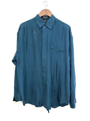 Vintage Structure Dark Turquoise 100% Silk Button-Up Long Sleeve Shirt Large - Image 1 of 4