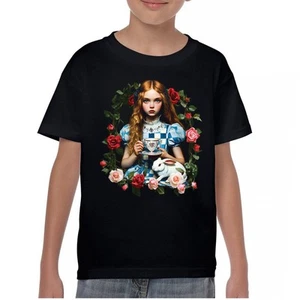 Storybook Alice Tea Party Youth T-shirt Wonderland Girl Fairytale Rabbit Kids - Picture 1 of 50