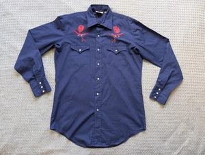 Vintage PJ Western Wear Shirt Mens Medium Navy Pearl Snap Rose Embroidered - Picture 1 of 14