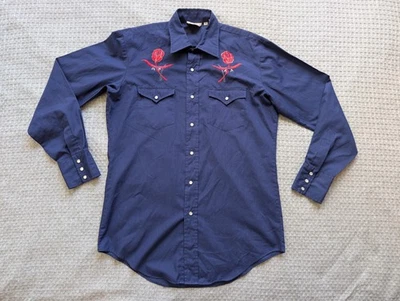 Vintage PJ Western Wear Shirt Mens Medium Navy Pearl Snap Rose Embroidered - Image 1 of 4