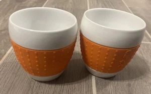 Bodum Pavina White Porcelain Coffee Cup Orange Silicone Grip Cup Tumbler x 2 - Picture 1 of 5