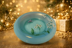 Fenton Hand-Painted Blue Satin Bowl W/ Floral Butterfly Design-Artist Signed - Picture 1 of 5