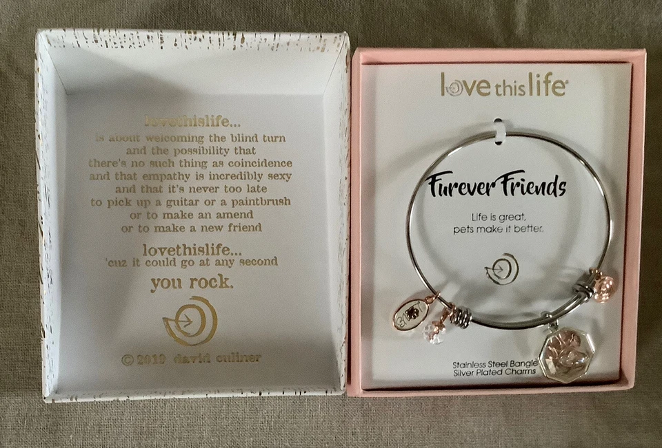 NIB LOVE THIS LIFE FUREVER FRIENDS BRACELET/ BANGLE W/ CHARMS SILVER PLATED - Image 1 of 1
