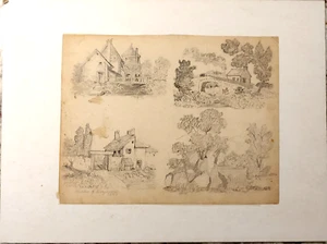 Vintage 4 Pencil Drawing 1850 England? Signed Mollie Ferguson 11x8 Landscape - Picture 1 of 3