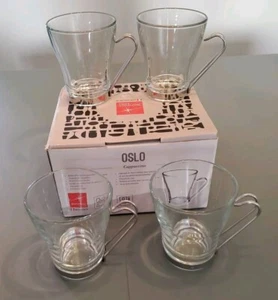 Bormioli Rocco Set 4 Glass Cappuccino Coffee Tea Cups Stainless Steel Handle Box - Picture 1 of 4
