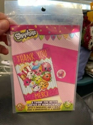 SHOPKINS THANK YOU NOTES (8) ~ Birthday Party Supplies Stationery Cards Pink New - Image 1 of 2