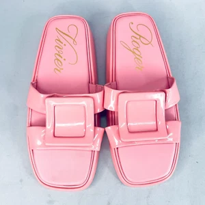 Roger Vivier Womens 39 Pink Patent Leather Buckle Slide Sandals Shoes Mule Wedge - Picture 1 of 17