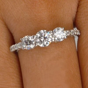 1 Ctw White Round Cut Moissanite Three Stone Wedding Solid 14K White Gold Ring - Picture 1 of 5
