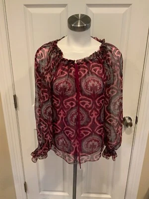 Blusa de seda con estampado de cachemira púrpura y rosa transparente Milly con volantes en el cuello de lazo, talla 0 Foto 1 de 4