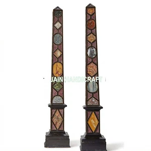 18" dos Obelisco de Mármol Negro Pietra Dura Incrustación Hogar Decoración Comedor Antiguo - Imagen 1 de 4