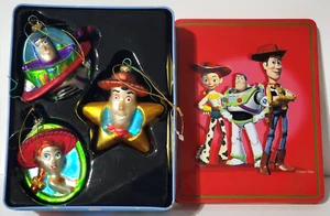 Disney Toy Story Woody Buzz Jessie Polonaise Glass Ornament Set In Tin RARE - Picture 1 of 7