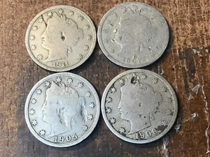 4 Cull, cabeza libertad fechada V níquel, 4 monedas por lote - Imagen 1 de 22