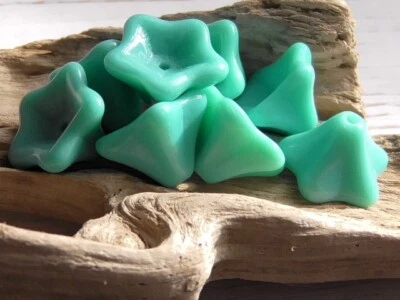 8 - 13x8mm CZECH LG OPAQUE TURQUOISE BLUE 5 PETAL BELL TRUMPET FLOWER GLASS BEAD - Image 1 of 4