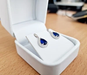 925 Sterling Silver Blue Sapphire and Created diamonds Drop Dangle Earrings - Picture 1 of 11