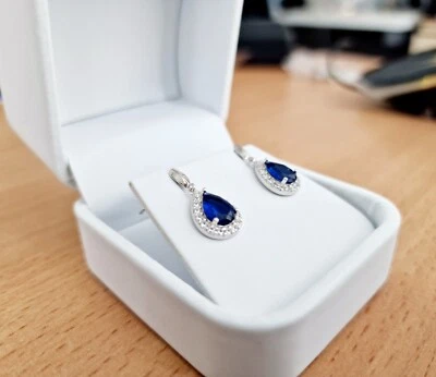 925 Sterling Silver Blue Sapphire and Created diamonds Drop Dangle Earrings - Image 1 of 4