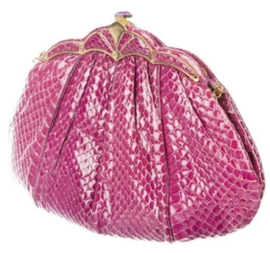 Yy Judith Leiber SnakeSkin Pink Day Evening Handbag Gold Amethyst Gem Vintage - Picture 1 of 5