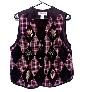 Vintage Bechamel Fall Vest Womens SZ M Embroidered Leaves Brown Argyle - Picture 1 of 6