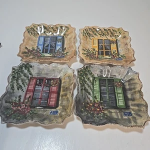 Set of 4 Rue de Paris Shutter Window Hand Painted Square Plates, 8 1/2" x 8 1/2" - Picture 1 of 7