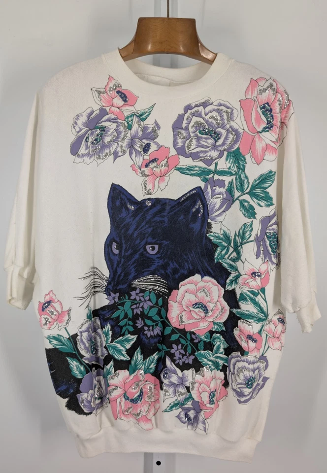 Camiseta moletom Panther Flower Art vintage anos 80 glitter New Wave 5050 OSFA EUA - Imagem 1 de 4