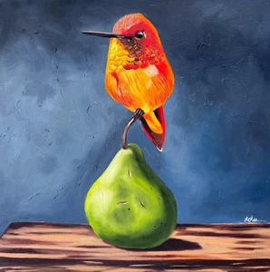 Bird wildlife Fruit Original Oil painting Artwork Humming Bird Fine Art Signed - Picture 1 of 3