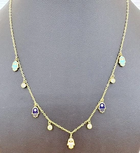 18KT YELLOW GOLD HAMSA HANDS EVIL EYE CHARM NECKLACE. - Picture 1 of 6