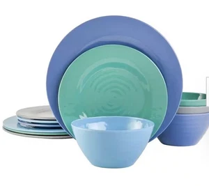 New NIB 12 Pc Gibson Home Melamine Dinnerware Set, Service for 4, Blue Brist - Picture 1 of 6