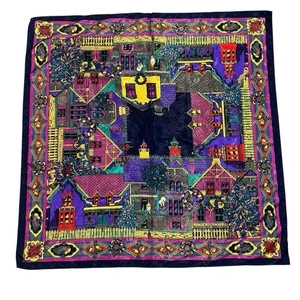 Oscar de la Renta Silk Scarf Village Street Scene Print Multicolor Square 30x30 - Picture 1 of 10