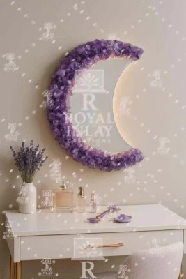 Marco de espejo de amatista en forma de luna personalizado, espejo de primera calidad decoración de pasillo Foto 1 de 4