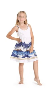 Hawaii Hangover Girl Elastic Strap Dress in White Border Diamond Head Palm White - Picture 1 of 8