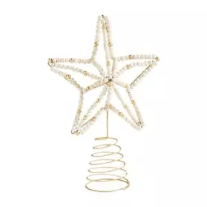 Mud Pie Home White Gold Wood Beaded Star Shape Christmas 10" Tall Tree Topper - Picture 1 of 2