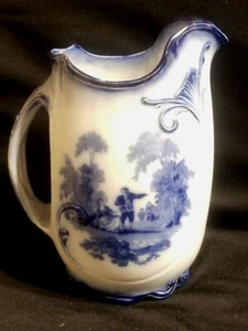 FINE ANTIQUE FANCY DOULTON WATTEAU FLOW BLUE PORCELAIN 7” WATER or MILK PITCHER  - Picture 1 of 7