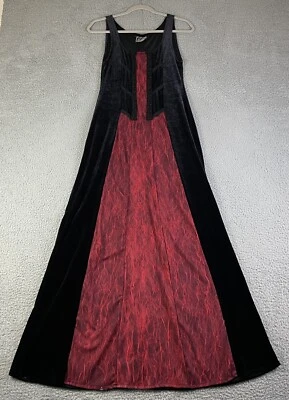 Vintage 90s CYKXTEES Velvet Black Crimson Red Maxi Dress Steampunk Gothic L EXC - Image 1 of 4