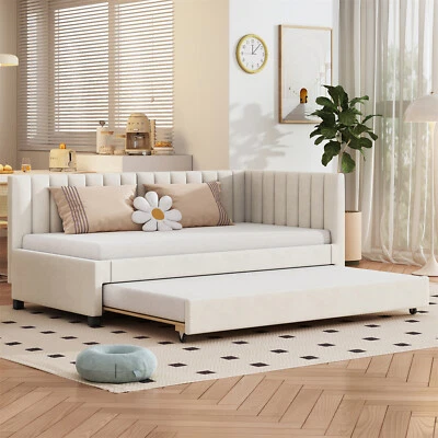 Polsterbett Ausziehbar Schlafsofa 90x200 Multifunktionsbett mit Lattenrost Beige - Bild 1 von 4