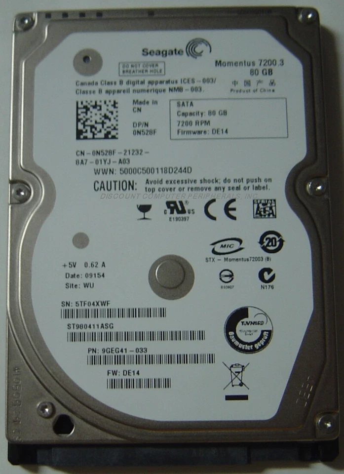 80GB 2.5" SATA ST980411ASG 7200RPM 9.5mm Hard Drive Seagate Tested Good - Image 1 of 1