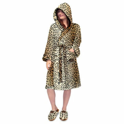 Ladies Bathrobe Hooded Cheetah Flannel Fleece Dressing Gown Women's Robe Foto 1 de 4